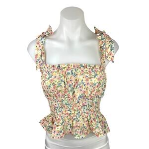 Forever 21 Multicolor Floral Bow Tie Sleeveless Smocked Cami Camisole Peplum Top